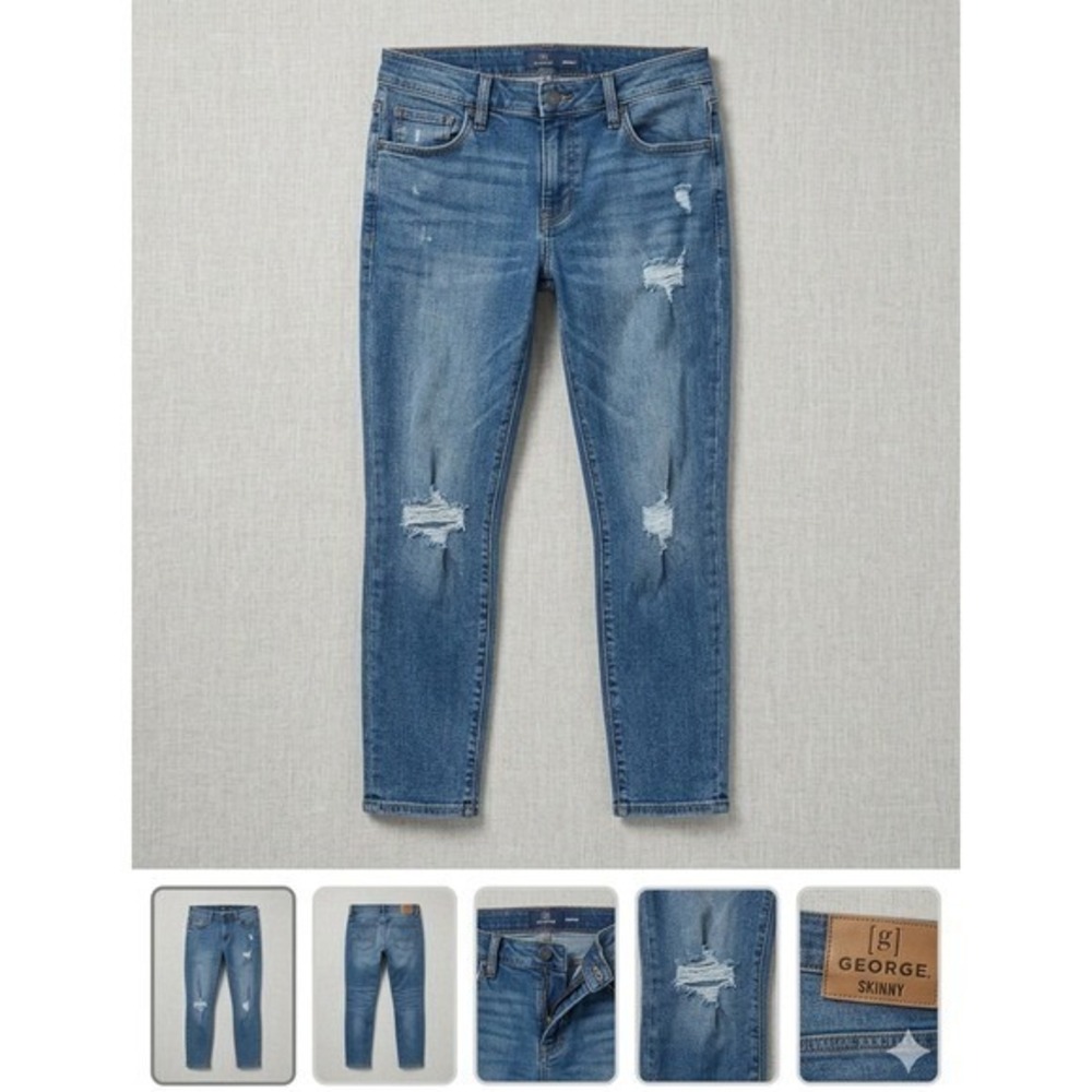George Mens Skinny Fit Distressed Ripped Denim Jeans Medium Wash 30x32